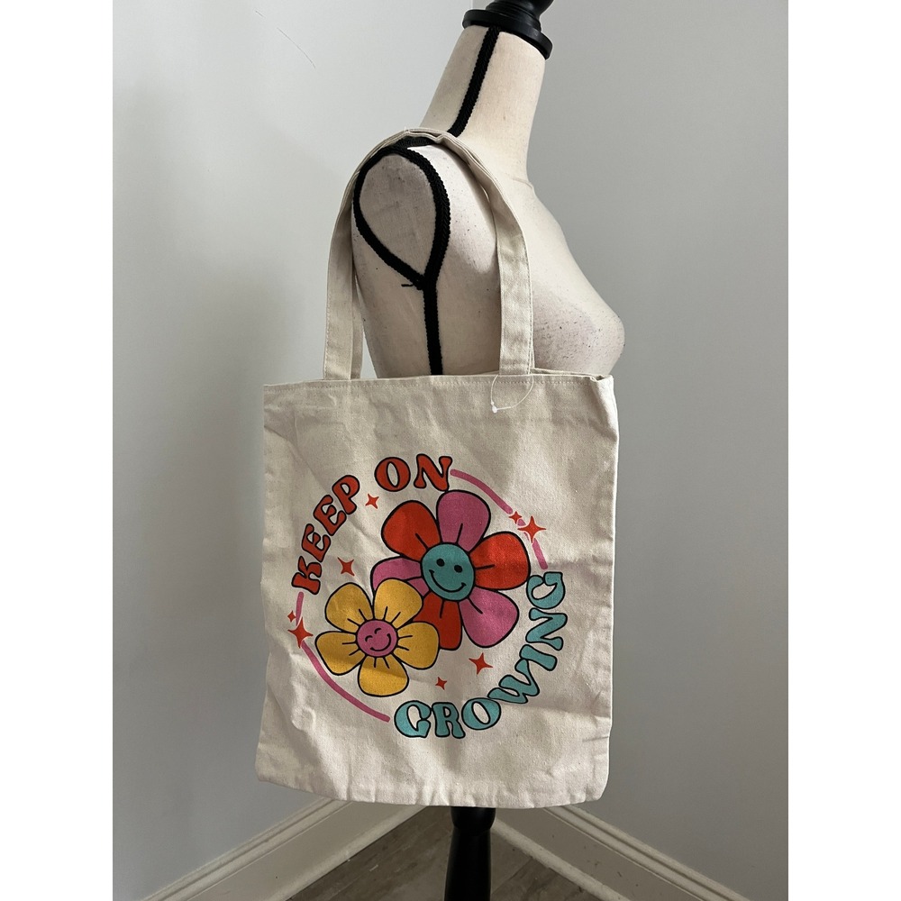 Reusable Canvas Tote Bag Keep On Growing Flower‎ Smiley Face Shopper Y2K Retro